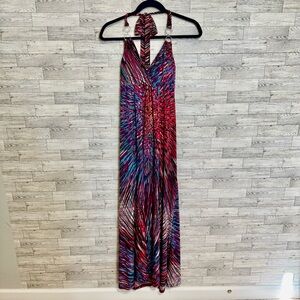 Body Central Large Maxi Halter Dress Firecracker Color Pattern Padded Low Back